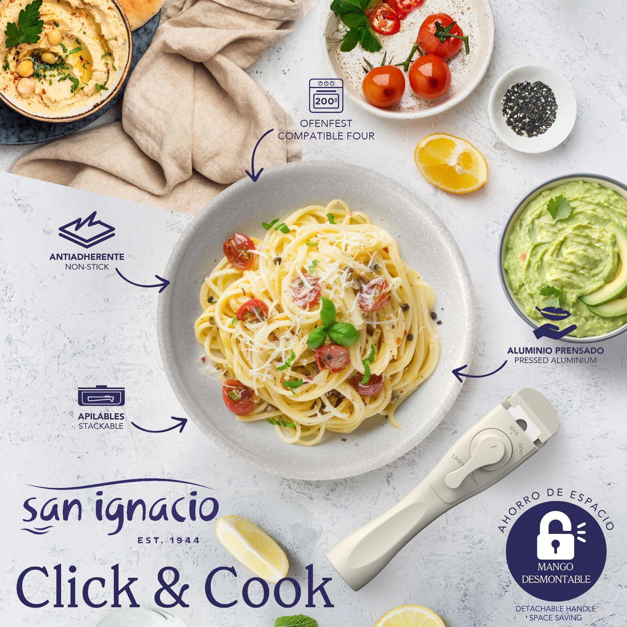 Juego de 3 sartenes Ø18Ø20Ø24cm aluminio prensado,recubrimiento ILAG antiadherente,mango extraíble,apto inducción,sin PFOA,apto lavavajillas y horno