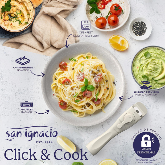 Juego de 3 sartenes Ø18Ø20Ø24cm aluminio prensado,recubrimiento ILAG antiadherente,mango extraíble,apto inducción,sin PFOA,apto lavavajillas y horno