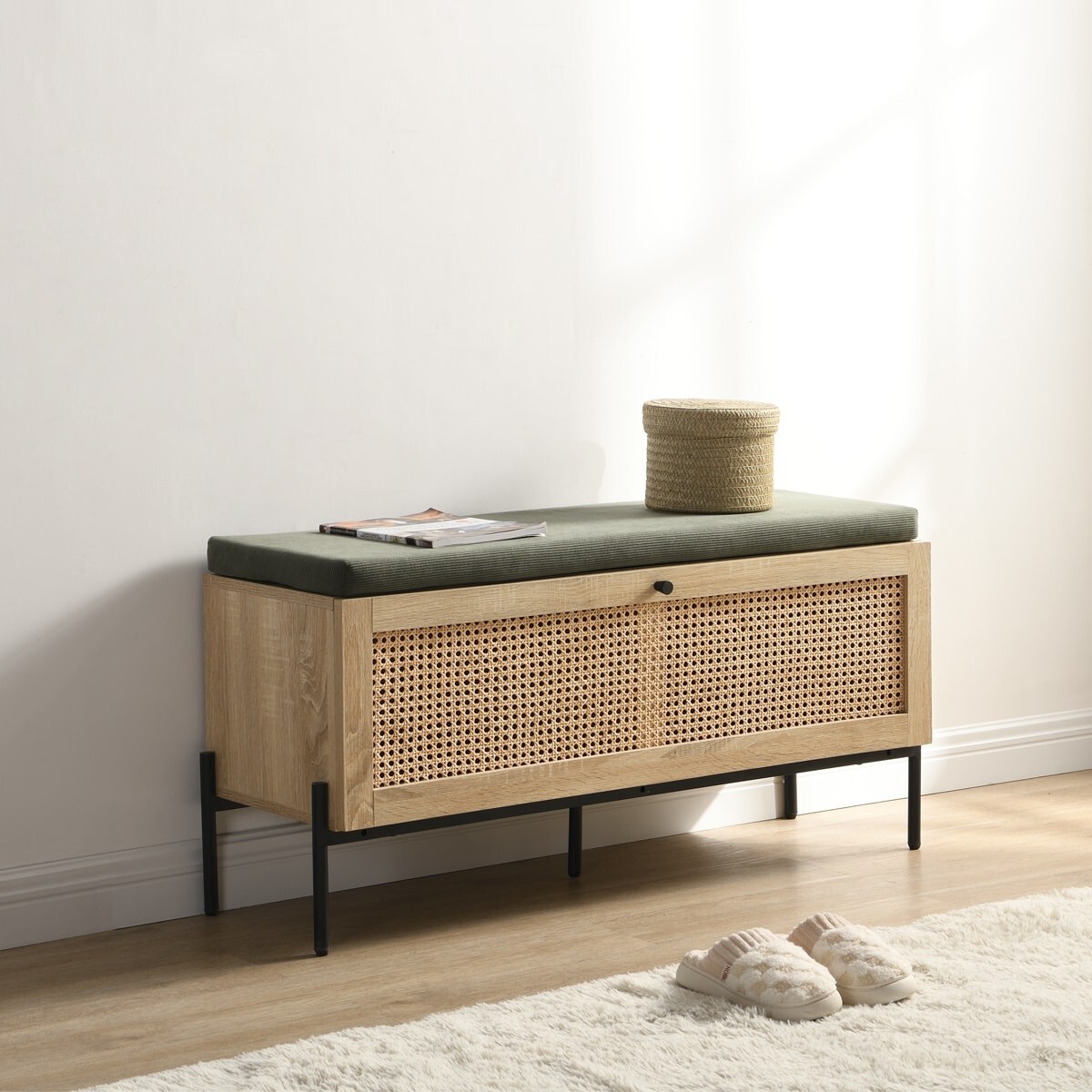 Banc d'entrée avec rangement en bois et cannage - IRIS