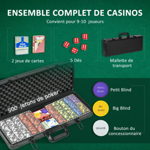 Mallette pro de poker coffret pro poker 500 jetons 2 jeux cartes 5 dés 3 boutons aluminium noir