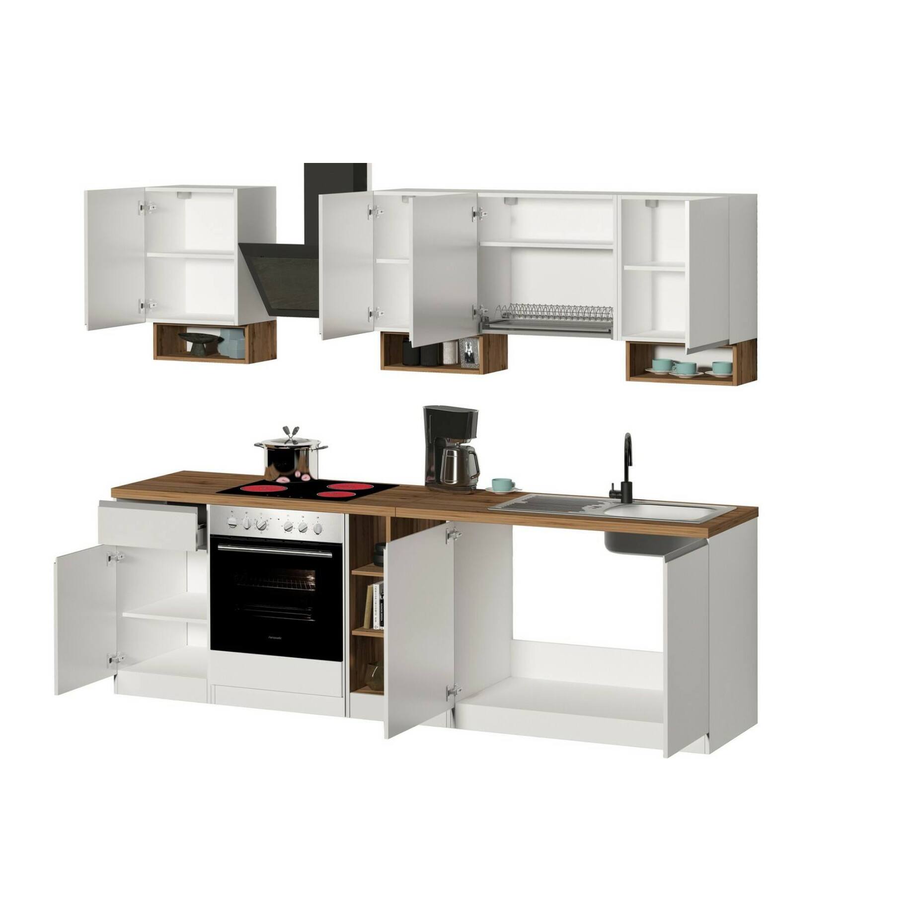 Cucina completa Dcelient, Cucina pratica e salvaspazio, Parete da cucina con 7 ante e 1 cassetto, 100% Made in Italy, 255x60h85 cm, Bianco lucido e Rovere