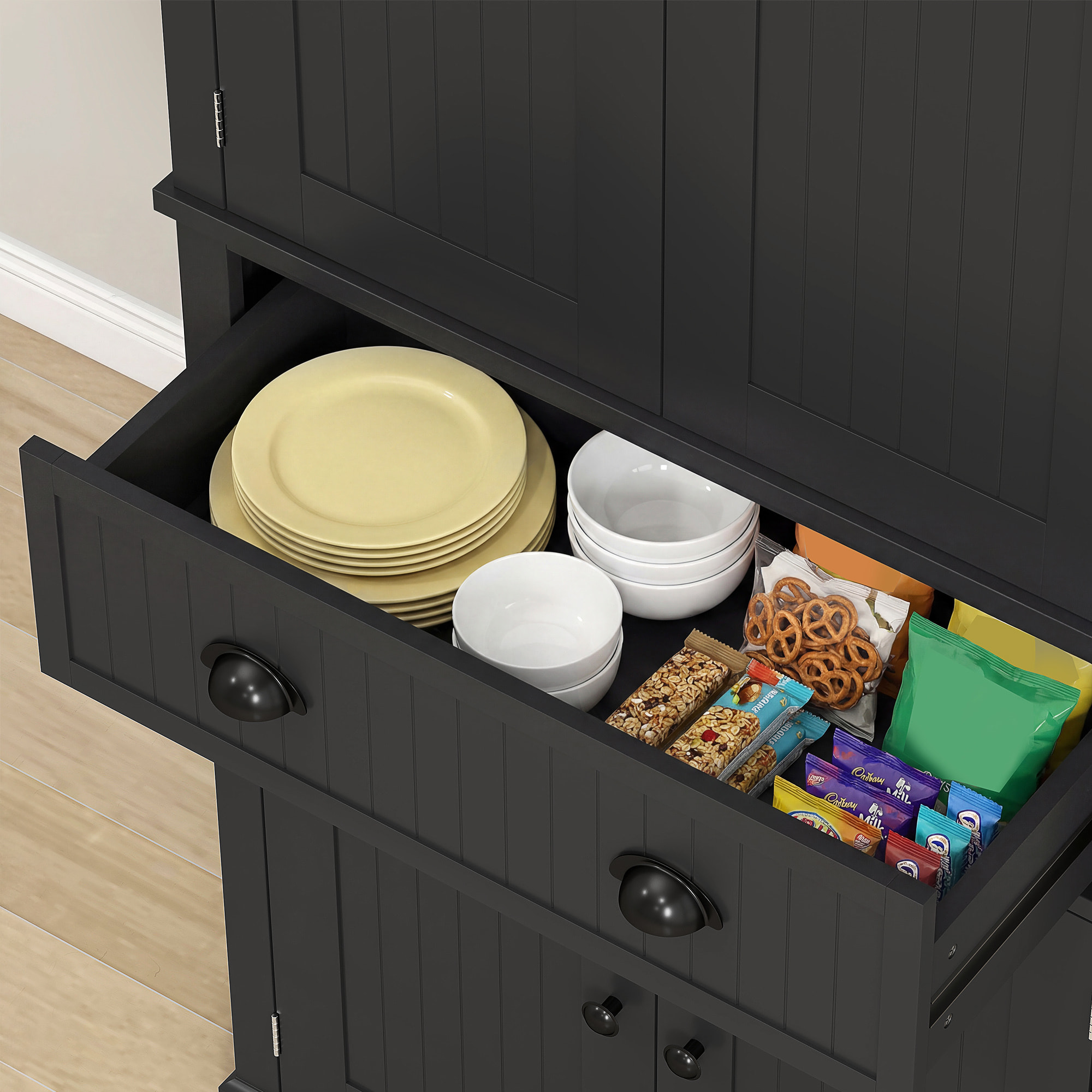 Buffet haut multi-rangement - 4 portes, grand tiroir - dim. 76L x 40l x 183H cm - noir