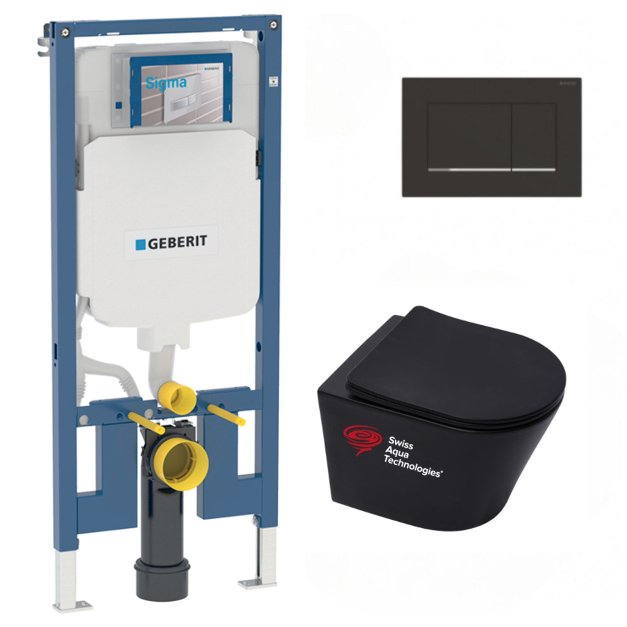 Pack WC Bati-support Geberit + WC suspendu sans bride Swiss Aqua Technologies + Abattant frein de chute + Plaque