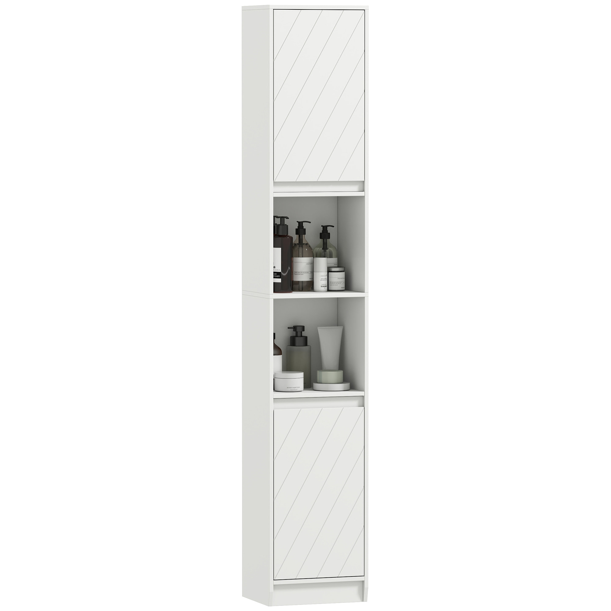 Armario de Baño Alto, Columna de Baño Estrecha con 2 Puertas y 2 Estantes Abiertos, para Espacios Pequeños, 30x24x170 cm, Blanco