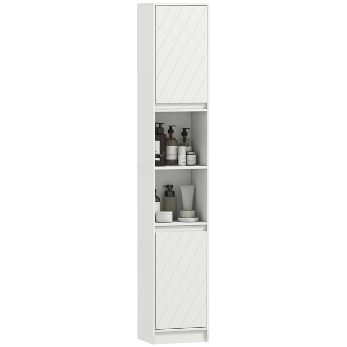 Armario de Baño Alto, Columna de Baño Estrecha con 2 Puertas y 2 Estantes Abiertos, para Espacios Pequeños, 30x24x170 cm, Blanco