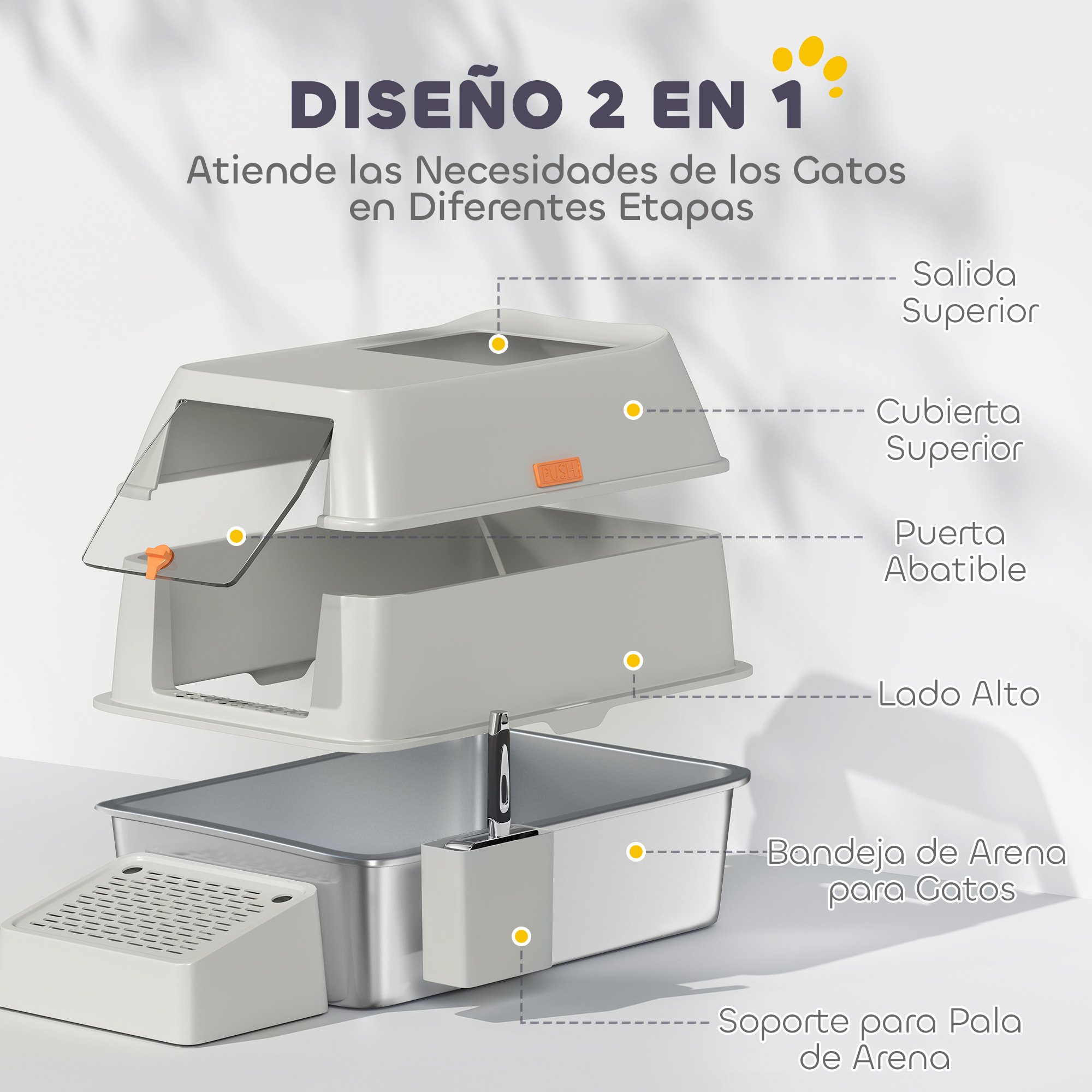 PawHut Arenero para Gatos Cubierto de Acero Inoxidable Caja de Arena para Gatos Arenero Cerrado para Gatos con Paso de Salida y Pala de Acero Inoxidable Gris Claro