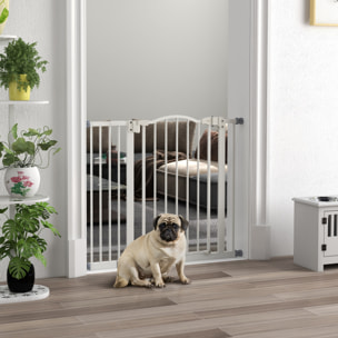 Barrera de seguridad para Perros Extensible 74-94 cm, para Puertas y Escaleras, Barrera para Perros con Extensión 14 cm, Montaje a Presión y Doble Bloqueo, Blanco