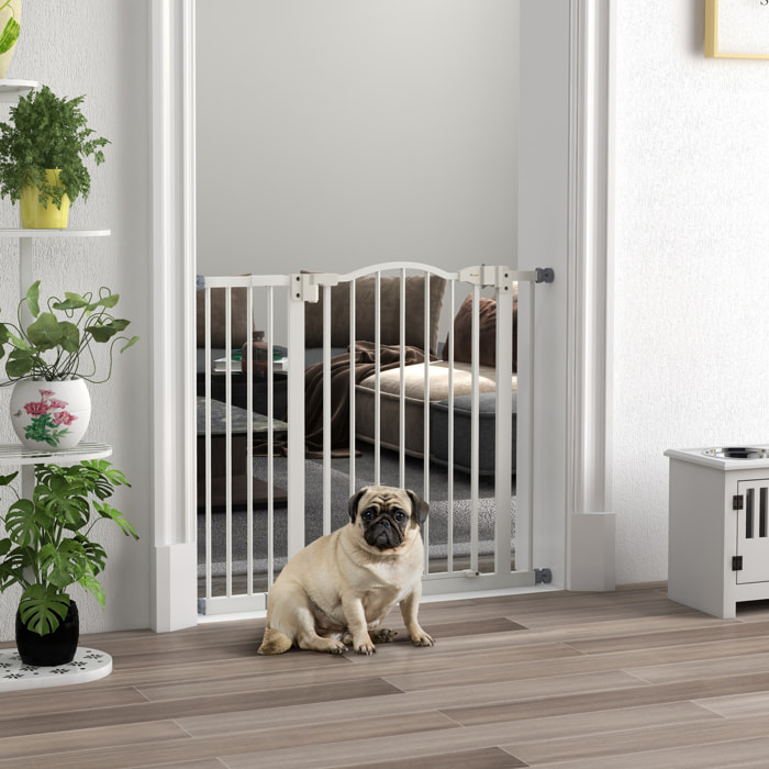 Barrera de seguridad para Perros Extensible 74-94 cm, para Puertas y Escaleras, Barrera para Perros con Extensión 14 cm, Montaje a Presión y Doble Bloqueo, Blanco