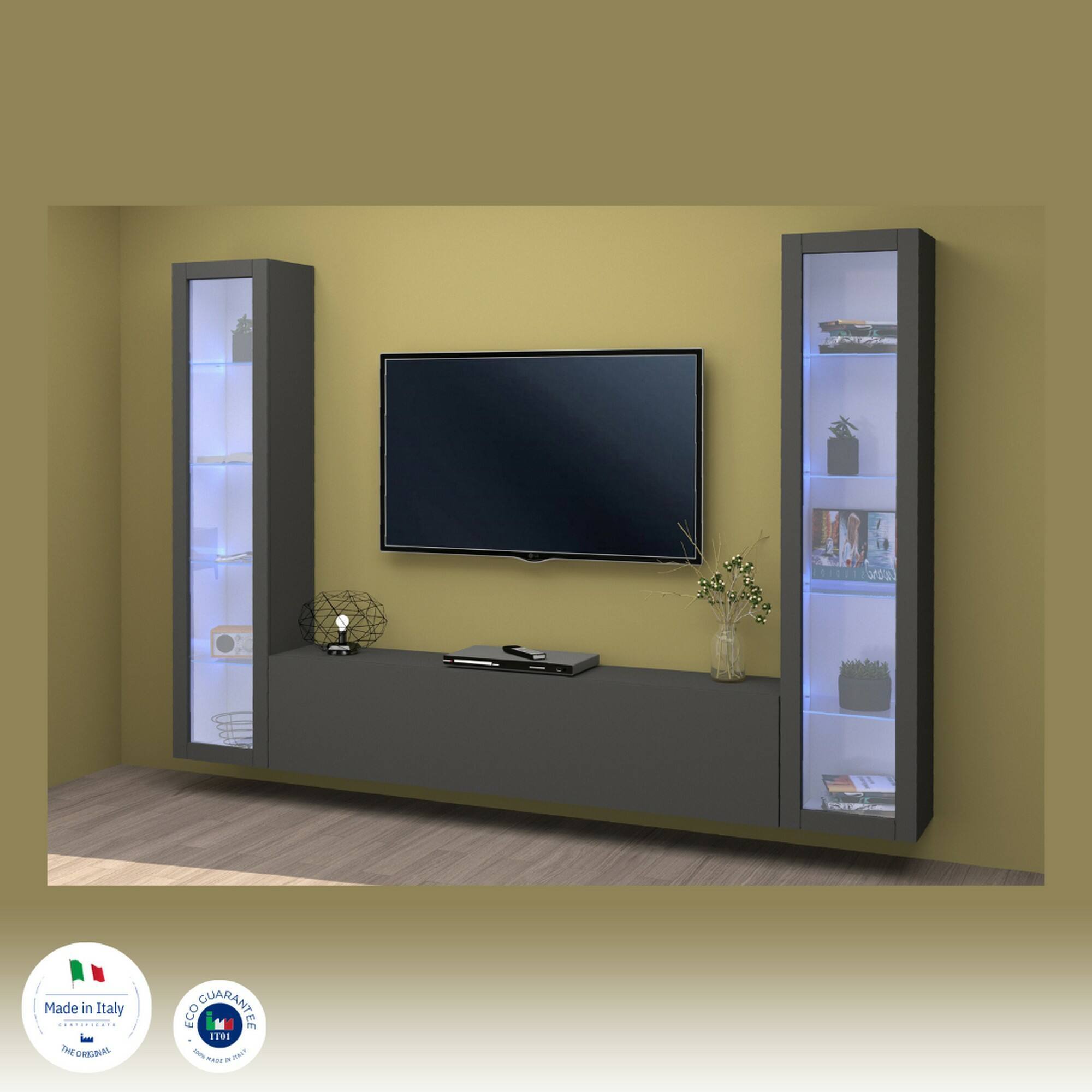 Parete attrezzata Gino, Set salotto porta TV a 3 ante, Mobile soggiorno multiuso con vetrina e luce LED, 100% Made in Italy, cm 260x30h180, Antracite