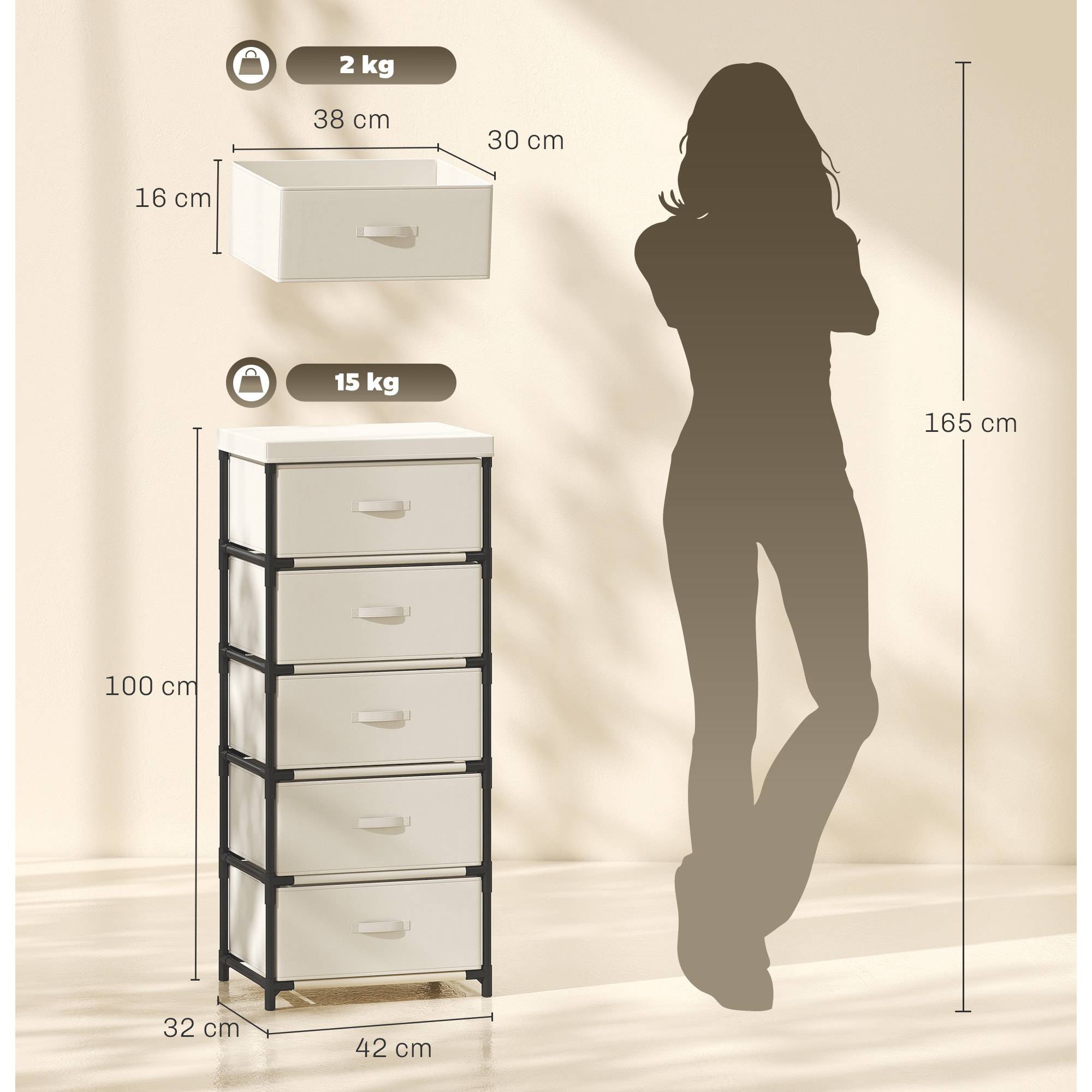 HOMCOM Cómoda con 5 Cajones de Tela, Cómoda para Dormitorio, Marco de Acero, Montaje Rápido, Cajonera para Salón, Oficina, Vestidor, Beige