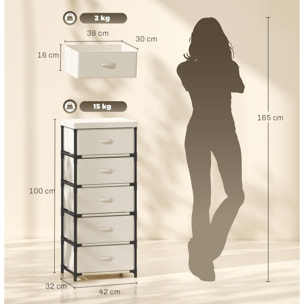 HOMCOM Cómoda con 5 Cajones de Tela, Cómoda para Dormitorio, Marco de Acero, Montaje Rápido, Cajonera para Salón, Oficina, Vestidor, Beige