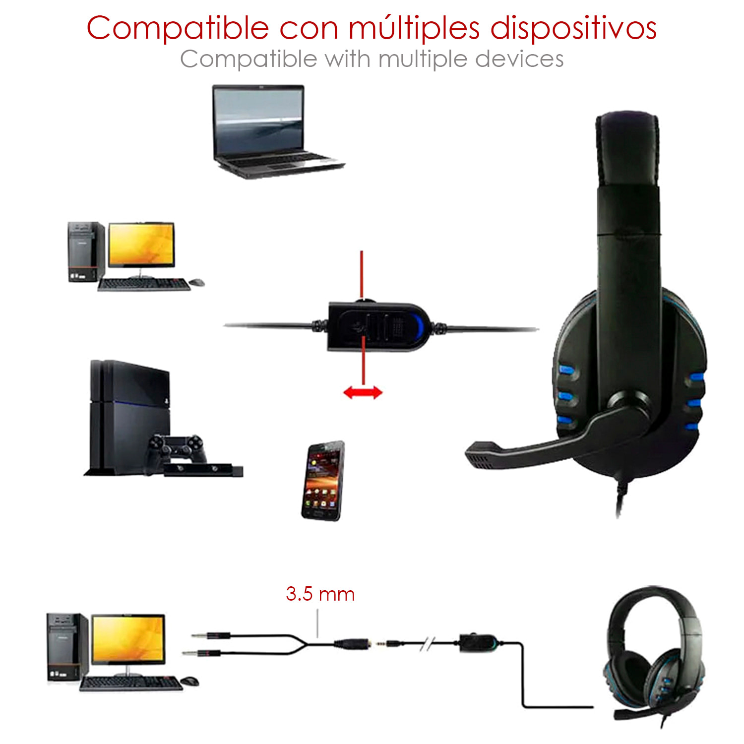 Headset PS488. Auriculares gaming con micro, conexión minijack y audio + micro separado. PS4, Xbox One, móvil, tablet, etc.