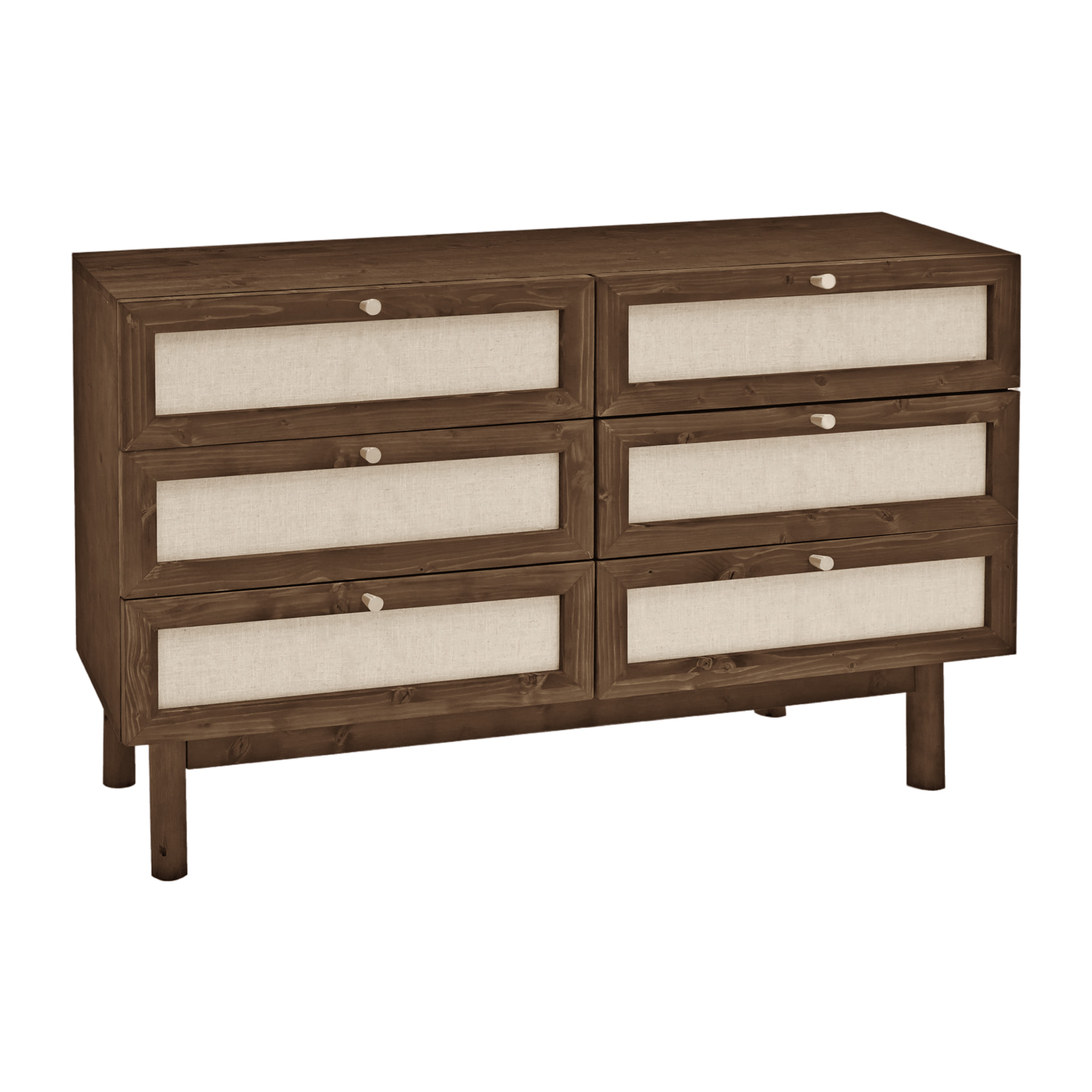 Commode en bois massif et lin avec six tiroirs en noyer de 76x120cm Hauteur: 76 Longueur: 120 Largeur: 42