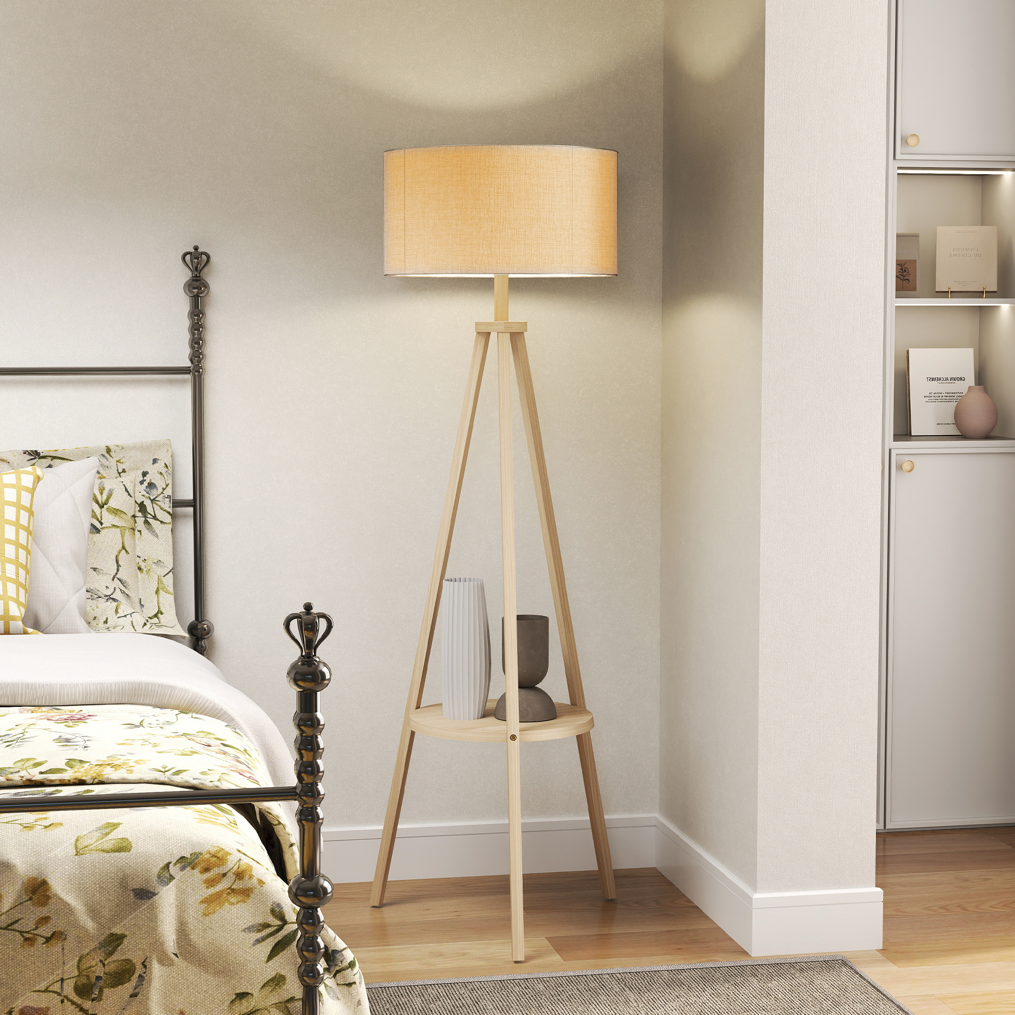 Lámpara de Pie Trípode con Estante Lámpara de Pie Salón con Pantalla de Lino Interruptor de Pie para Sala de Estar Oficina Dormitorio Gris y Natural