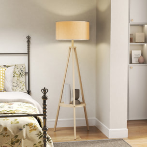 Lámpara de Pie Trípode con Estante Lámpara de Pie Salón con Pantalla de Lino Interruptor de Pie para Sala de Estar Oficina Dormitorio Gris y Natural