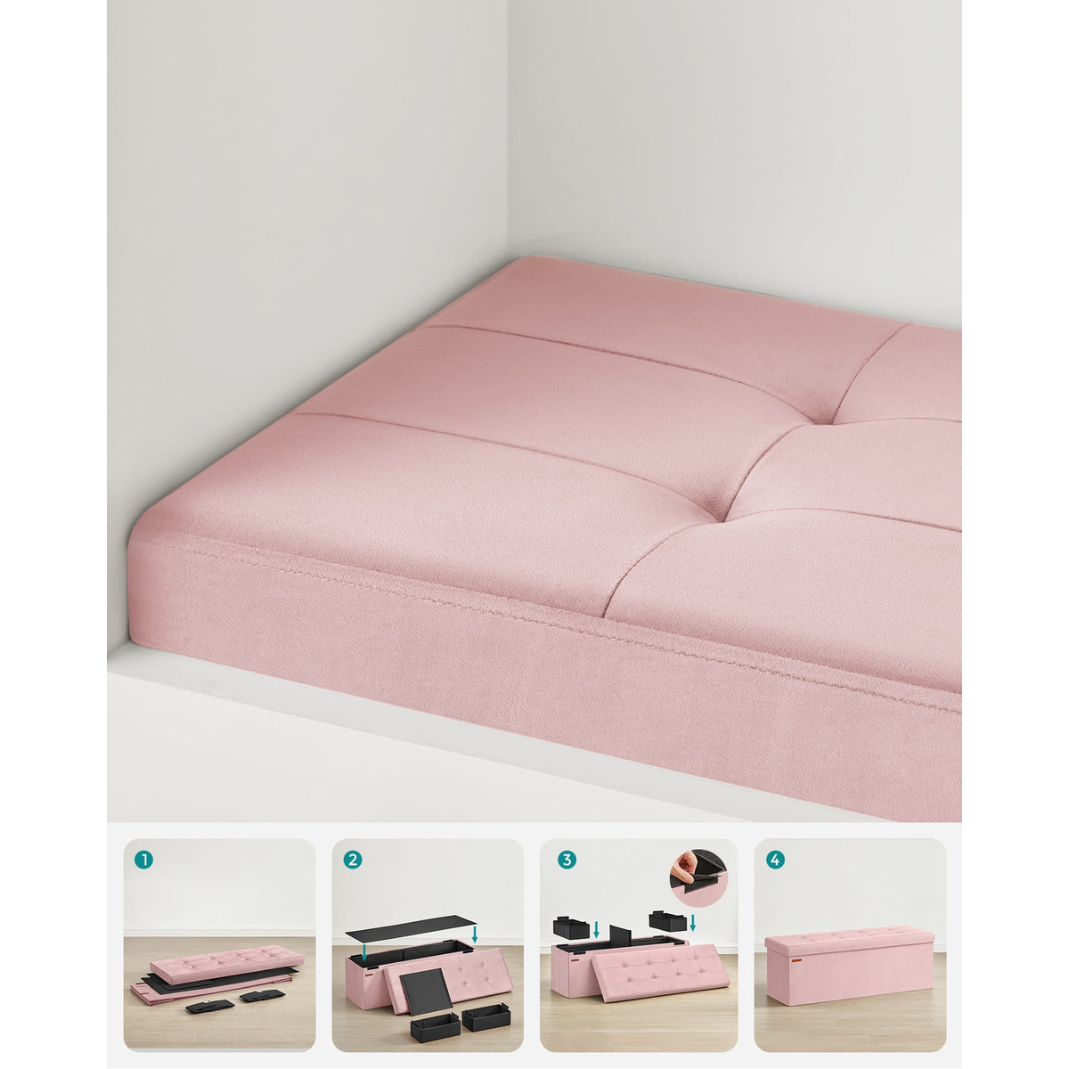 Panca Contenitore Pieghevole Oskar in Velluto Rosa Pastello