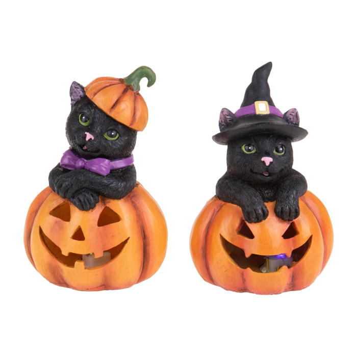 Zucche Gatto con Led - Pezzi 2 - 11xH16,5x9,6cm - Bianchi Dino SpA
