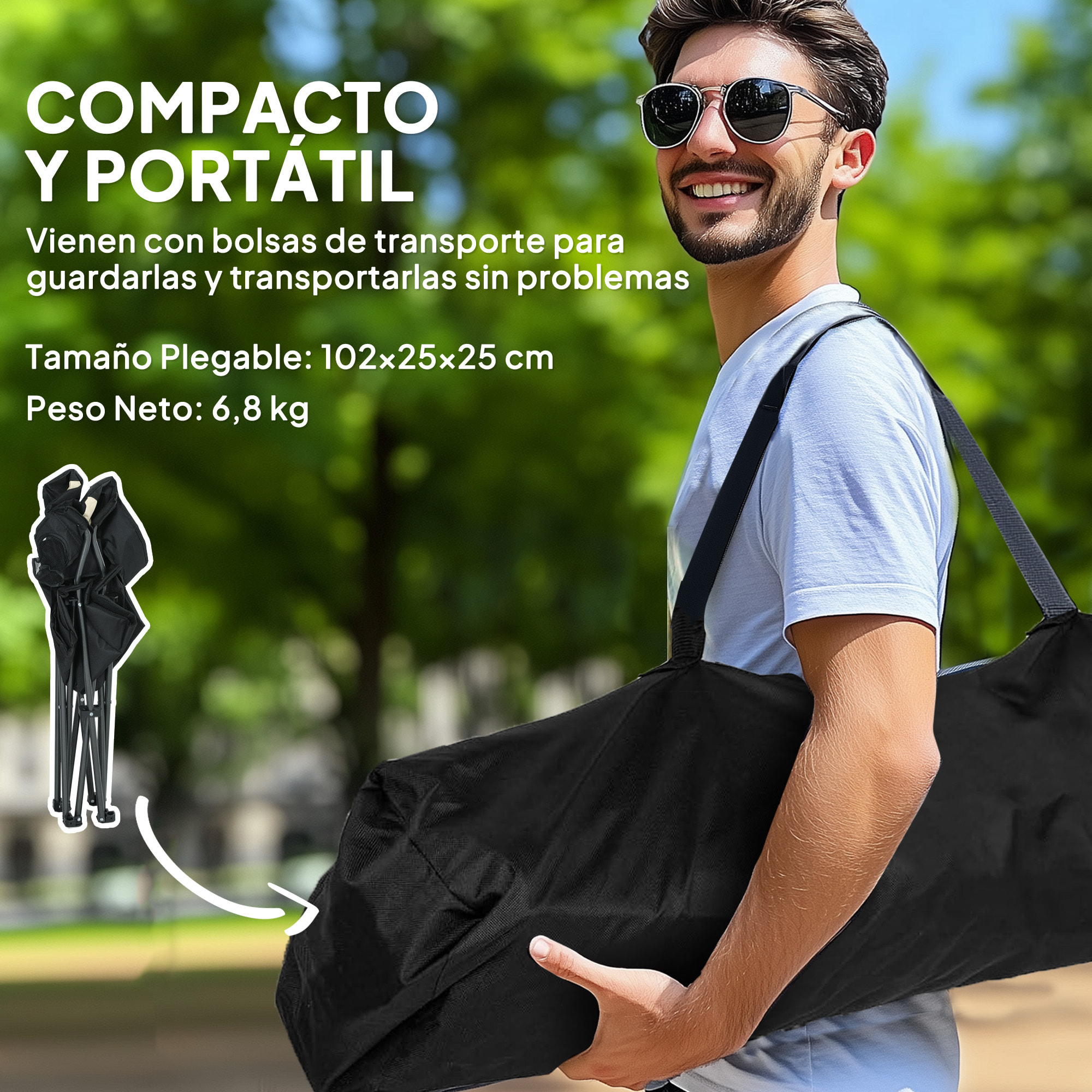 Conjunto de 2 Sillas Plegables Camping con Respaldo Alto Sillas de Camping Portátil Acolchado con Reposabrazos Portavasos y Bolsas de Transporte para Acampada Jardín Terraza Crema y Negro