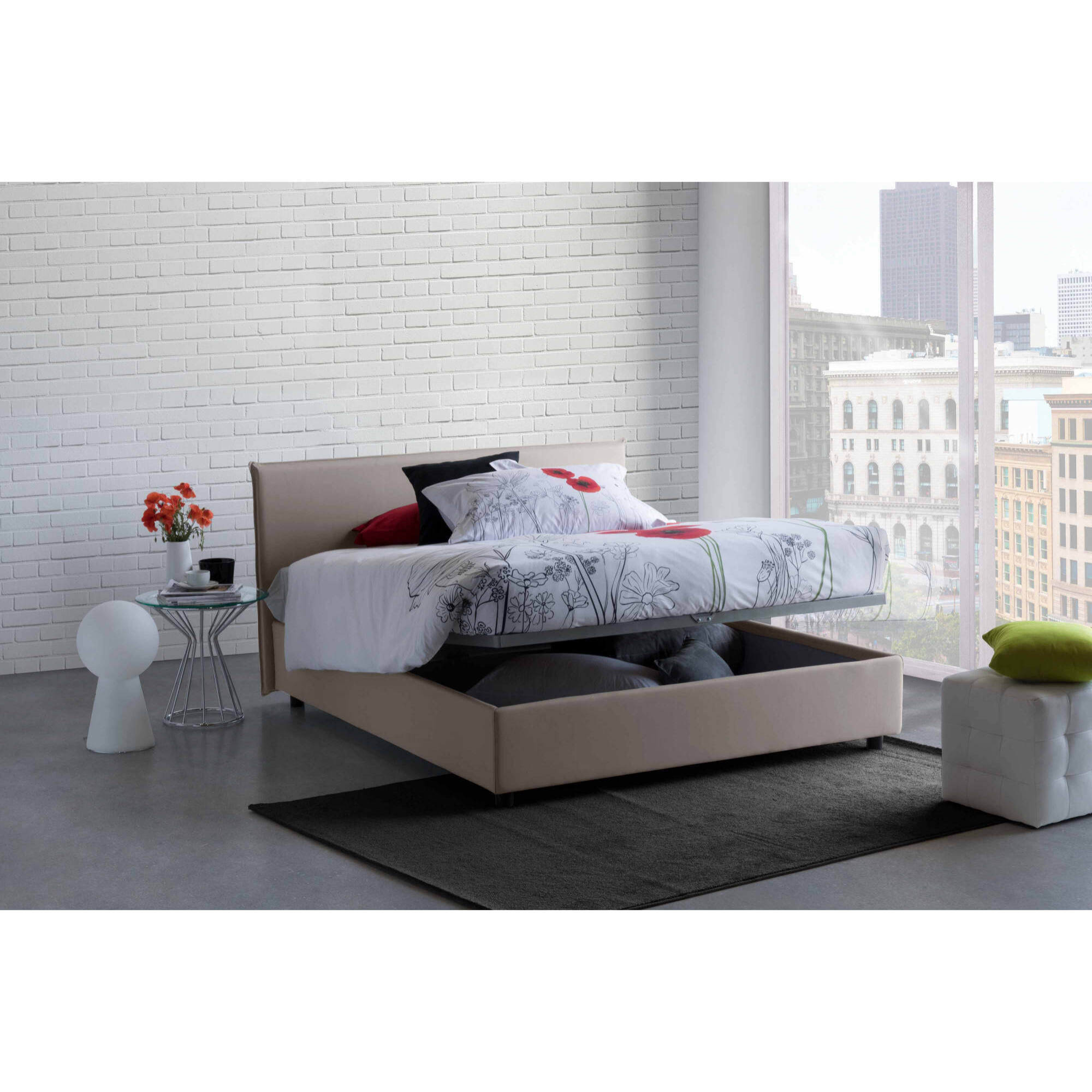Letto matrimoniale Ariadni, Letto contenitore con rivestimento in tessuto, 100% Made in Italy, Apertura frontale, con materasso Cm 160x200 incluso, Tortora