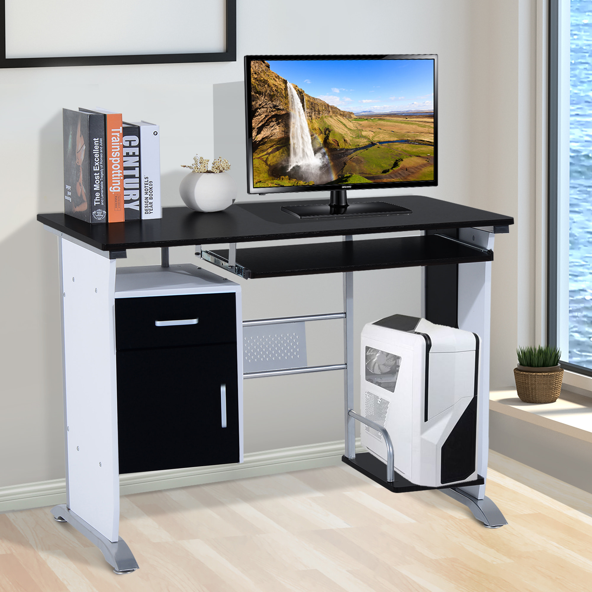 Bureau informatique design en mdf 100 L x 52 I x 75H cm noir et blanc