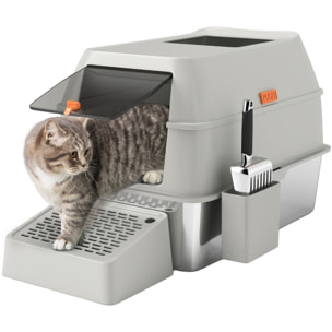 PawHut Arenero para Gatos Cubierto de Acero Inoxidable Caja de Arena para Gatos Arenero Cerrado para Gatos con Paso de Salida y Pala de Acero Inoxidable Gris Claro