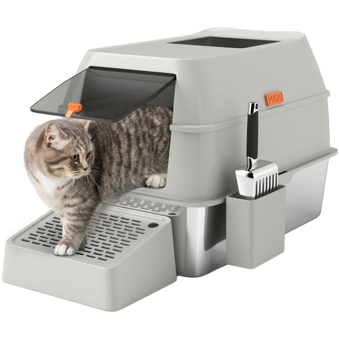PawHut Arenero para Gatos Cubierto de Acero Inoxidable Caja de Arena para Gatos Arenero Cerrado para Gatos con Paso de Salida y Pala de Acero Inoxidable Gris Claro