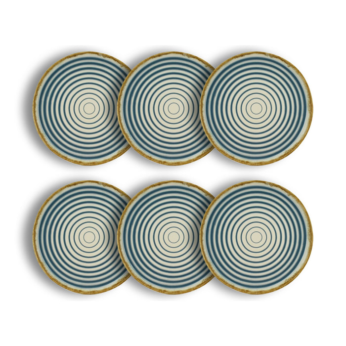 Lot de 6 assiettes plates spirale 27cm en faïence bleu et beige  SPIRALE