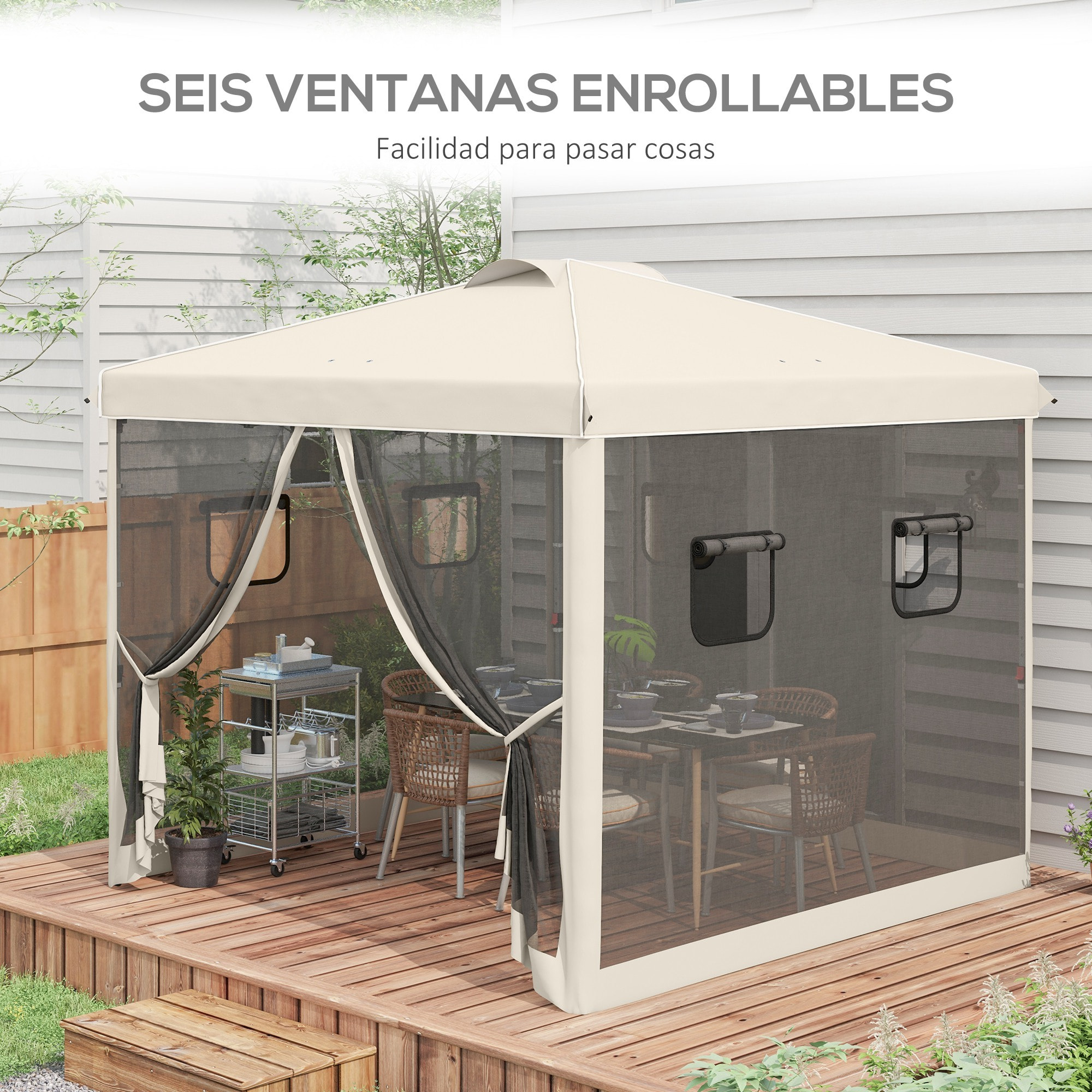 Carpa Plegable 3x3 m Cenador de Jardín con Pared Lateral de Malla 6 Ventanas Altura Ajustable en 3 Niveles Protección Rayos UV30+ e Impermeable para Camping Fiestas Beige