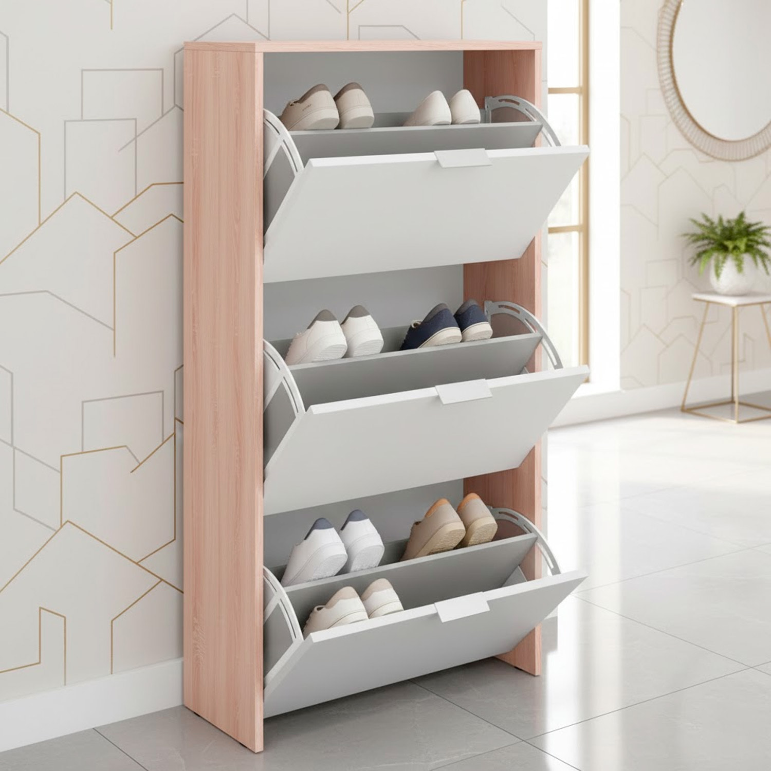 Mobile Portascarpe Salvaspazio Con 3 Ante A Ribalta Capacità Fino A 18 Paia Scarpiera Design Moderno 113 x 60 x 22 Cm Rovere E Bianco Lucido