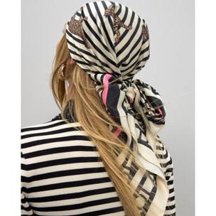 Sciarpa in raso con stampa combinata a righe e leopardo