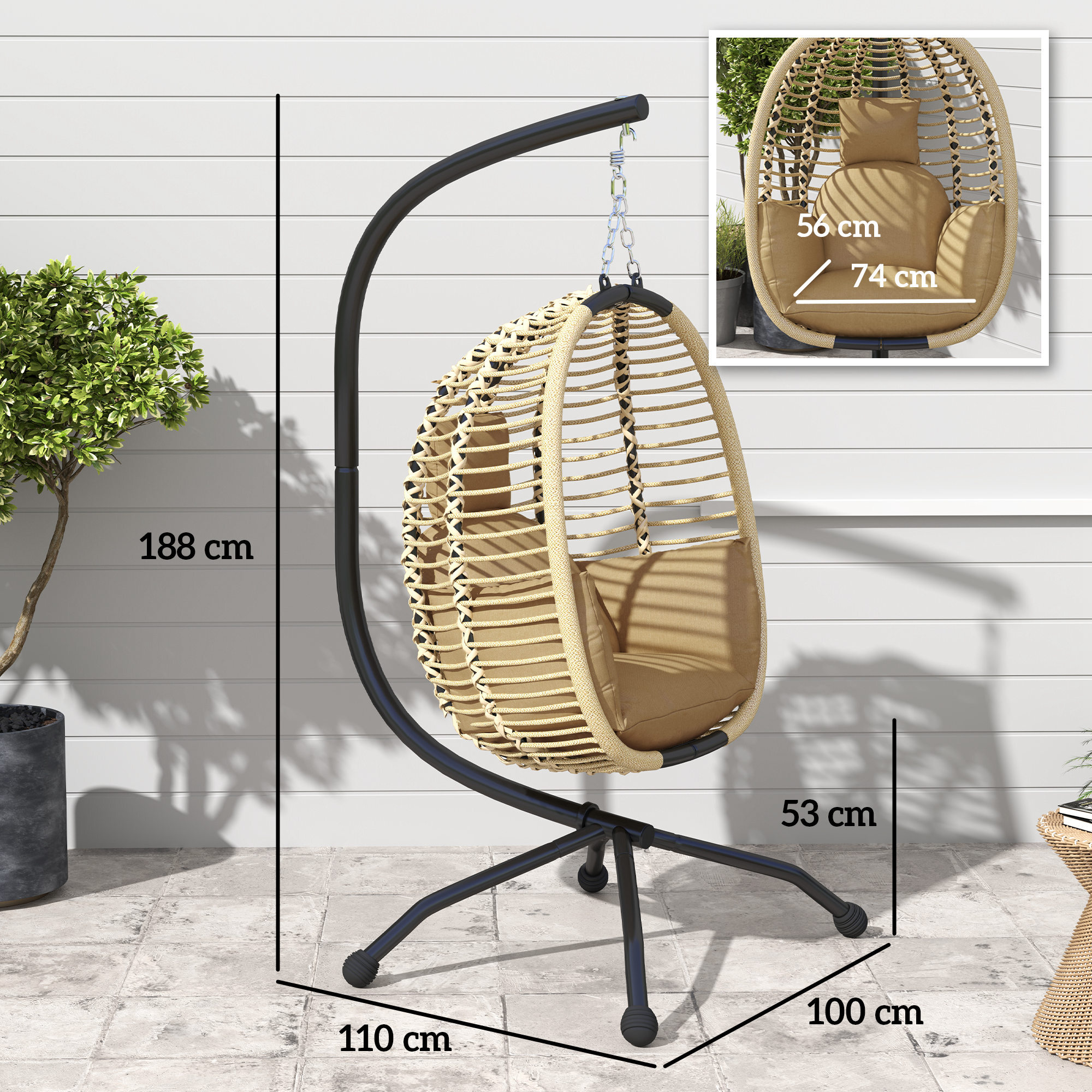 Silla Colgante Huevo con Soporte Columpio de Jardín Exterior con Cesta Plegable Reposacabezas Cojín Bolsillo Lateral Columpio Colgante para Interior y Exterior Carga 120 kg Beige