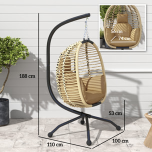 Silla Colgante Huevo con Soporte Columpio de Jardín Exterior con Cesta Plegable Reposacabezas Cojín Bolsillo Lateral Columpio Colgante para Interior y Exterior Carga 120 kg Beige