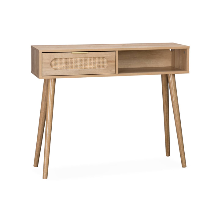 Console décor bois et cannage arrondi . Eva. 1 tiroir. 1 niche. pieds scandinaves. L 100 x l 29 x H 81cm