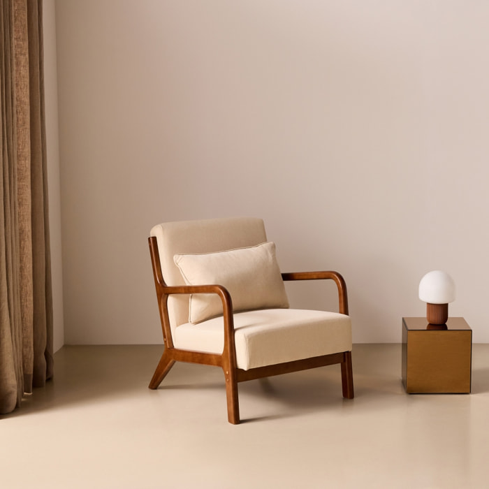 Fauteuil scandinave bois d'hévéa teinté noyer et tissu LORENS