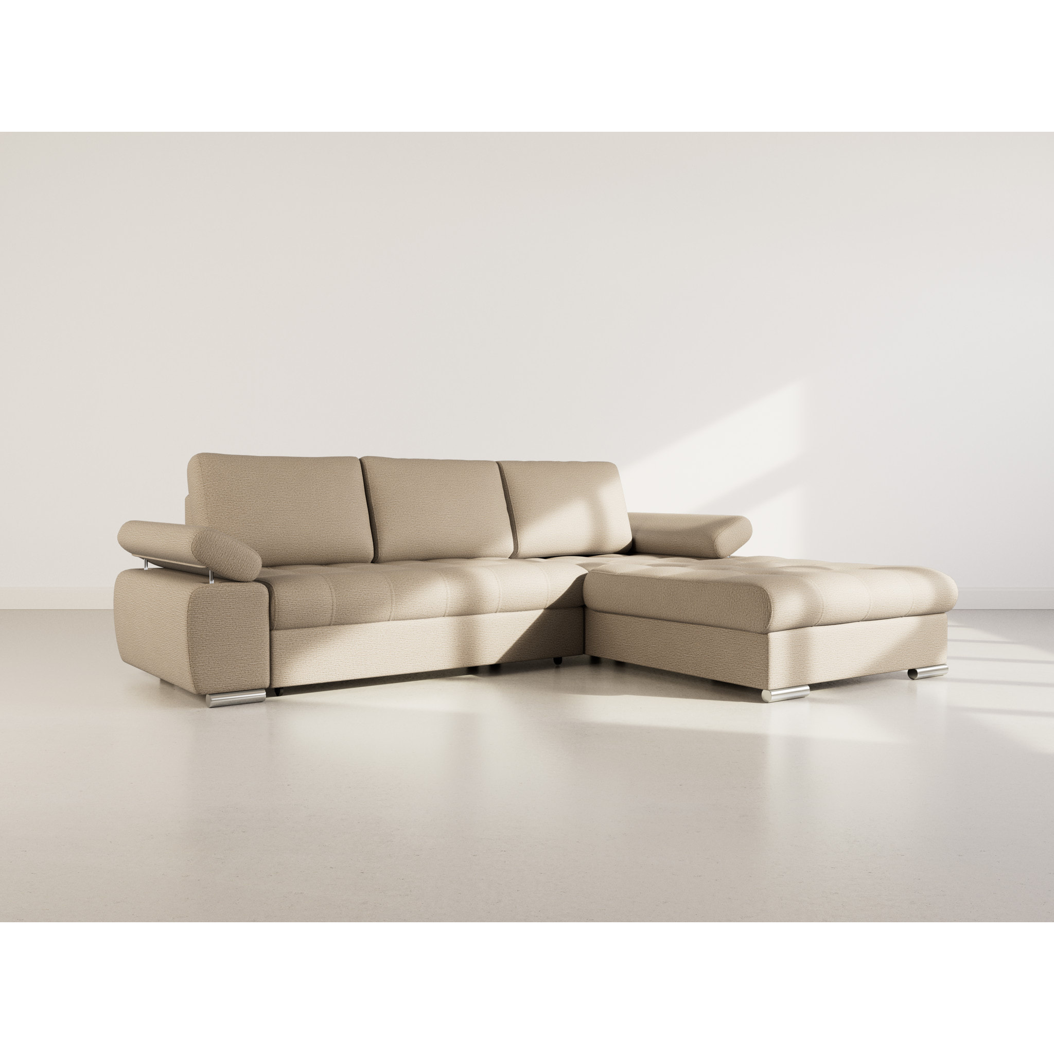 Bianca - Canapé d'angle droit 4 places convertible avec coffre en tissu texturé - Taupe
