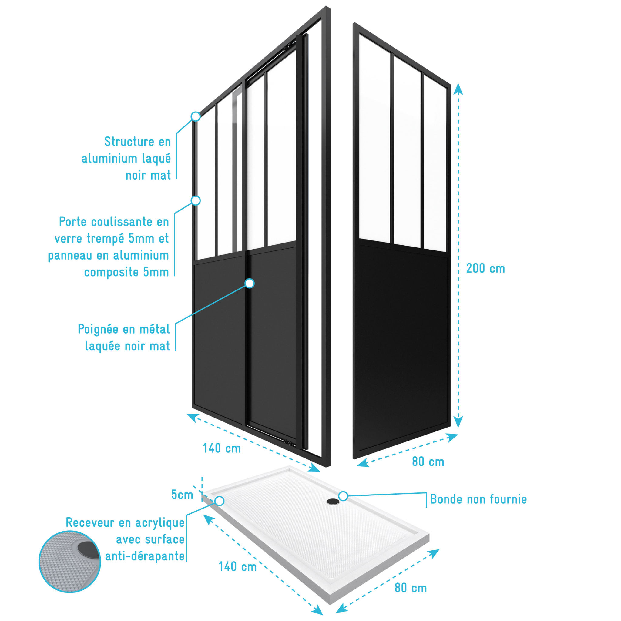 Pack Porte pivotante 140x200 + paroi retour et panneau aluminium composite + receveur 140x80