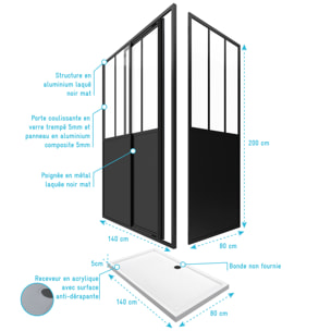 Pack Porte pivotante 140x200 + paroi retour et panneau aluminium composite + receveur 140x80