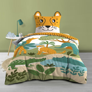 Parure de lit enfant 2 pièces 100 % coton imprimé animaux de la jungle housse + taie - Jaune