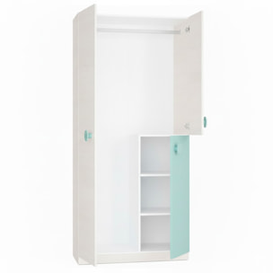 Armadio Armadietto Per Cameretta E Camera Da Letto Mobile Mobiletto Guardaroba Compatto Barra Appendiabiti 200 x 90 x 52 Cm Bianco Alpi e Verde Acqua