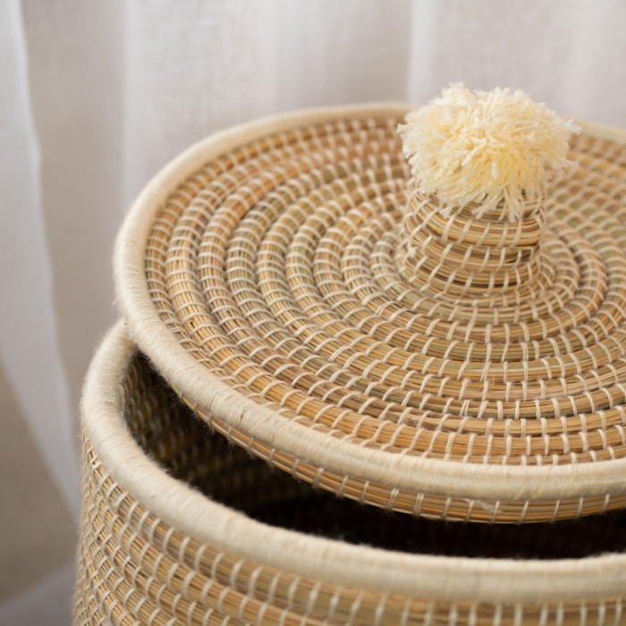 Panier à linge en fibres végétales et laine - Blanc