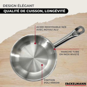 Set de 3 poêles 20, 24 et 28 cm en inox, 3 couvercles verre et 6 ustensiles inox Fackelmann Eterna