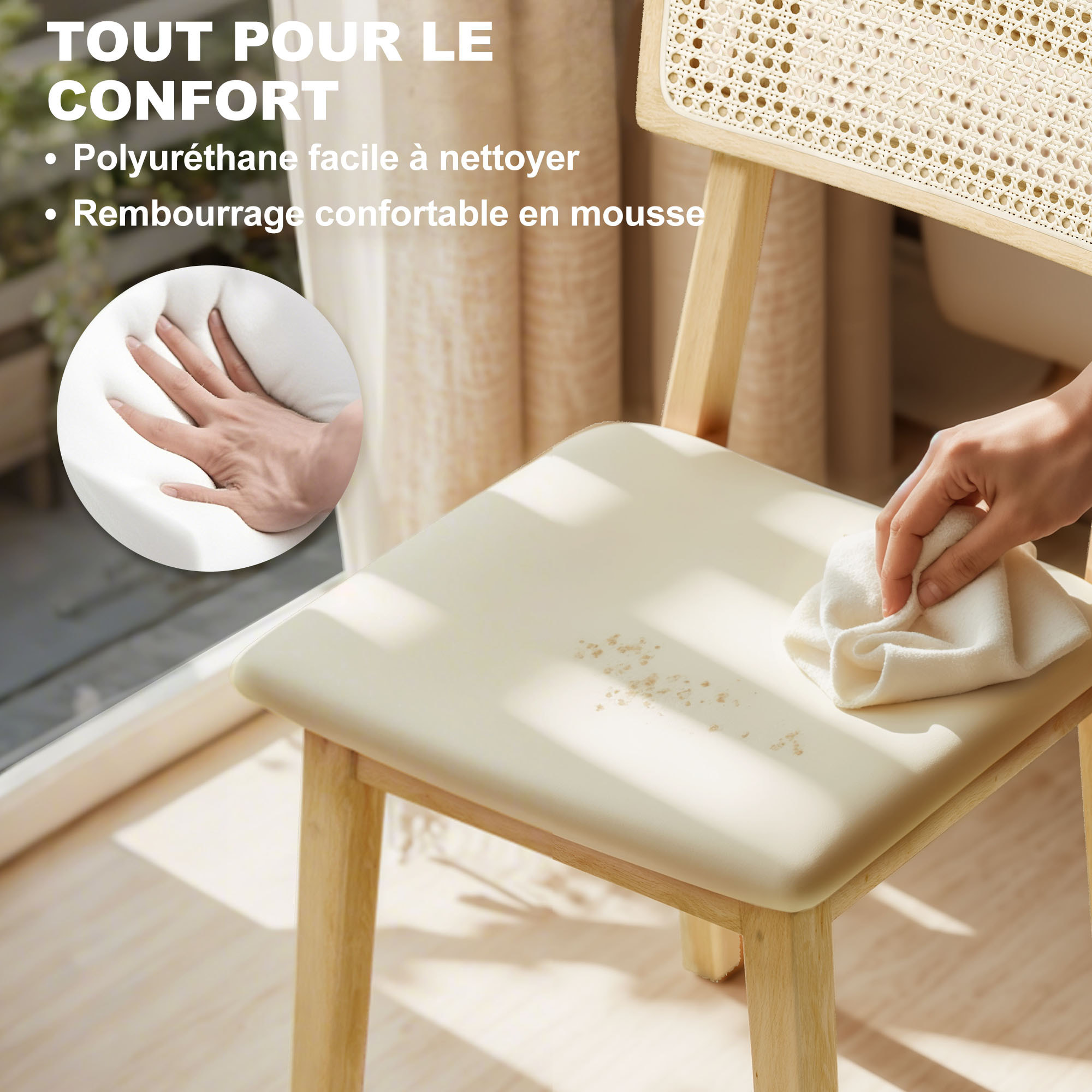 Lot de 2 chaises de salle à manger, chaises de cuisine modernes avec dossier effet rotin, cadre en bois d'hévéa, pour salon, chambre, cuisine, effet bois naturel