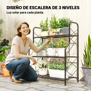 Soporte para Plantas de 3 Niveles para Interior y Exterior, Estantería para Plantas de Metal con Patas Ajustables y Asas, Resistente y Estable, para Macetas, Patio, Jardín, Balcón, Negro