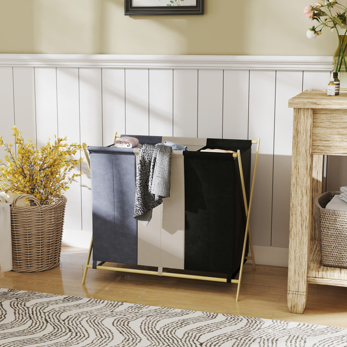 Cesto para Ropa Sucia Plegable con 3 Compartimentos Capacidad de 129L Cesta para la Colada con Estructura Forma de X de Bambú y Bolsas Extraíbles 75x48x67 cm Multicolor