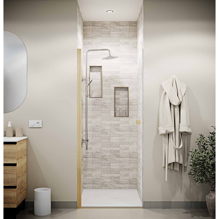 Porte de Douche Pivotante 70x195cm - Verre Trempe 8mm Anticalcaire - Alu Or Brosse - GOLD ELEMENTARY