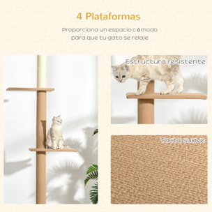 Árbol para Gatos del Suelo al Techo 43x27x228-260 cm Torre para Gatos con Altura Ajustable 4 Plataformas Espaciosas y Poste de Sisal Marrón