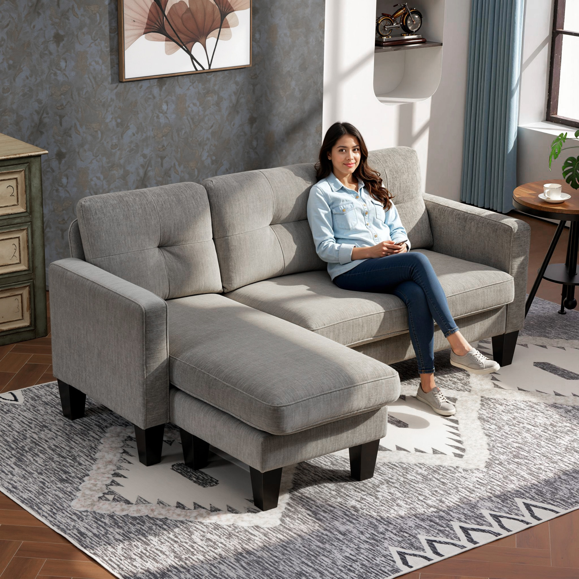 Sofá Chaise Longue Reversible, Sofá de 3 Plazas en Forma de L, Tapizado en Chenilla, Asiento y Respaldo Acolchados, Estructura de Acero, 186x130x84 cm, Marrón Topo