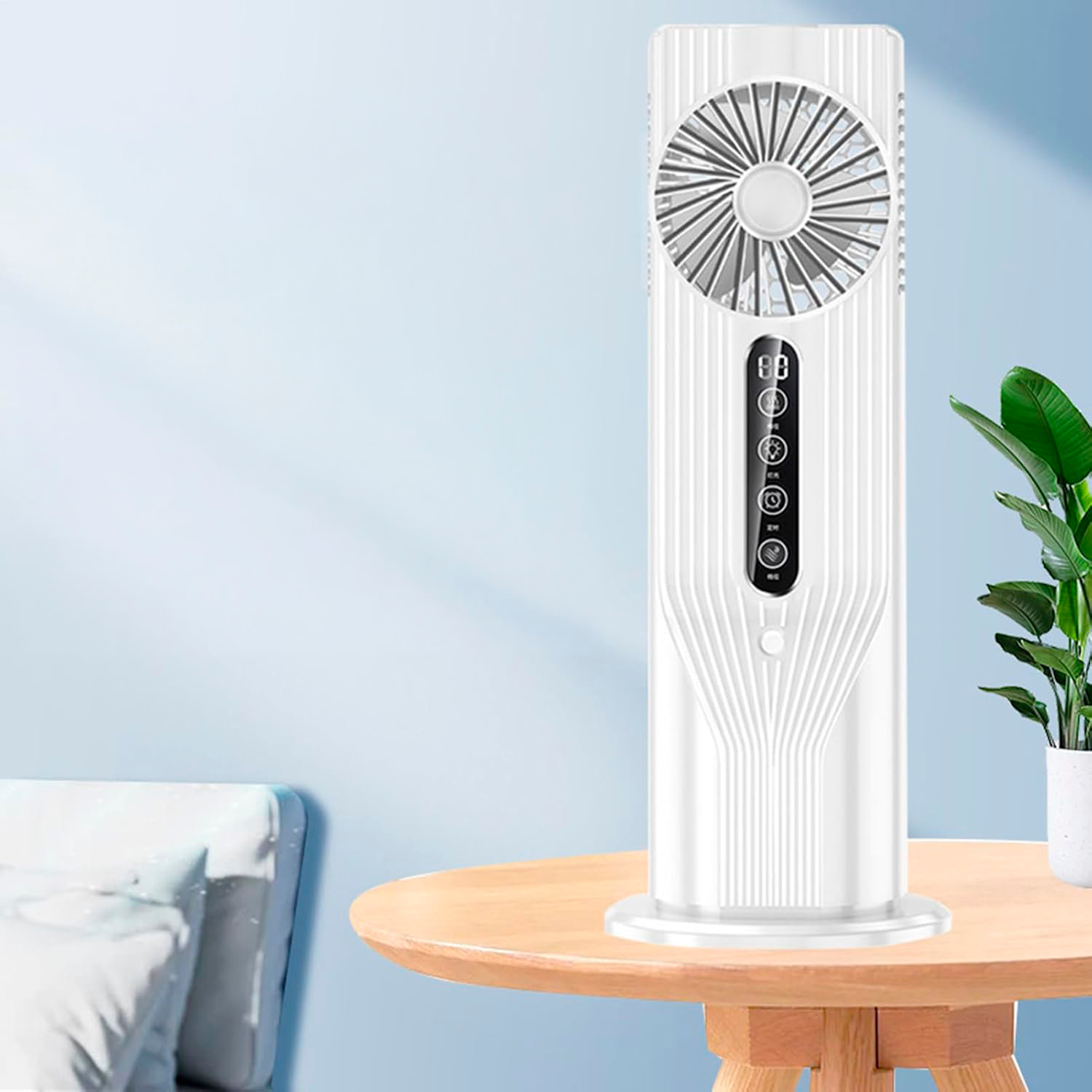 Ventilatore da tavolo BDL-908B. Con funzione di nebulizzazione, 6 velocità e timer fino a 9 ore. Serbatoio da 100 ml e luce ambiente a 7 colori.