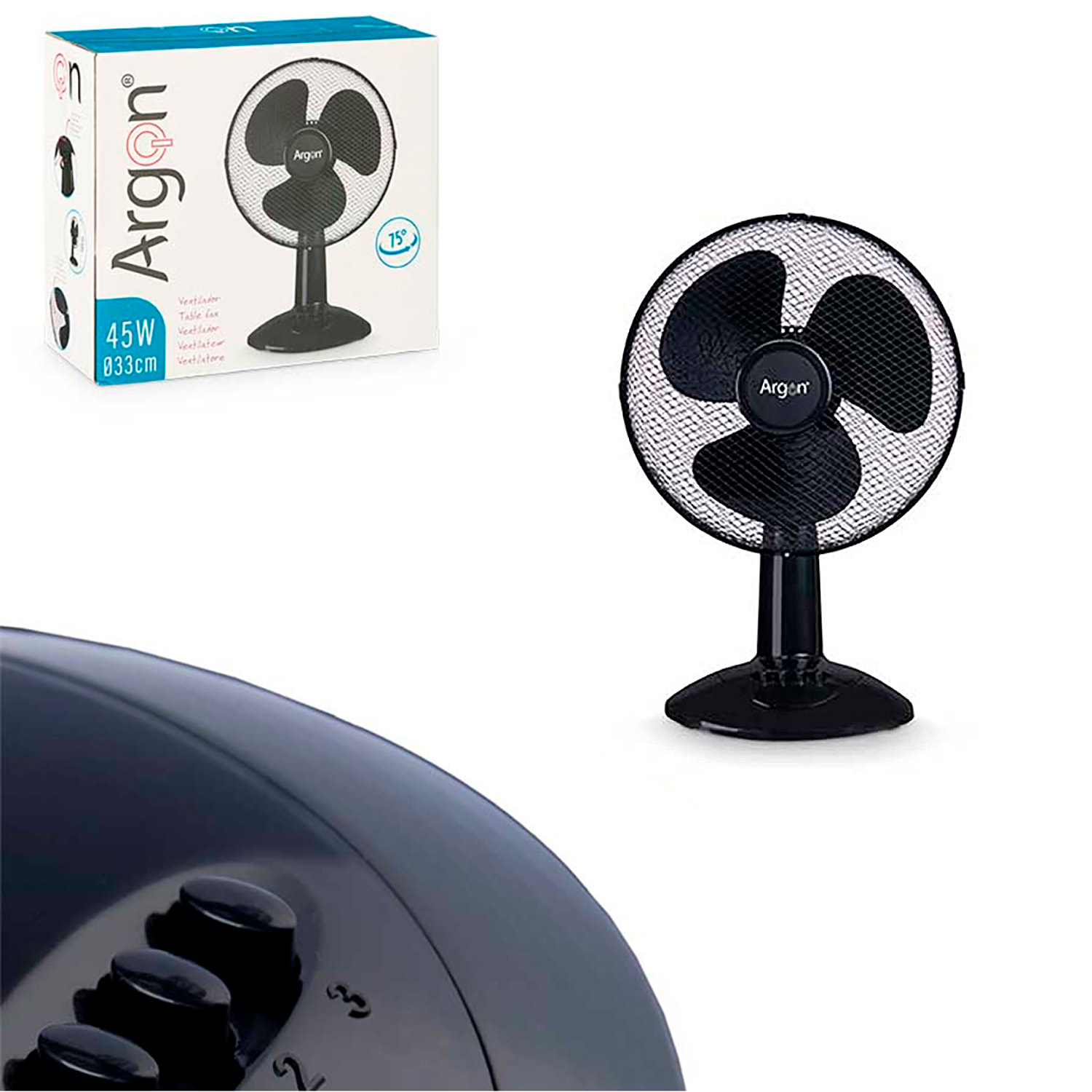 Ventilador de mesa negro con 75º de oscilación. 45W de potencia y 3 velocidades.