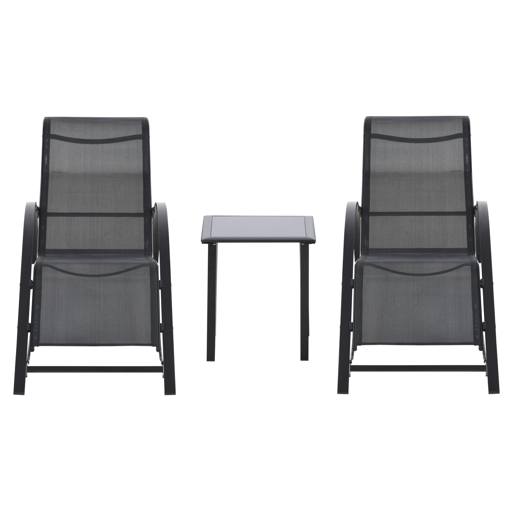 Lot de 2 bains de soleil design contemporain table basse plateau verre trempé métal époxy textilène noir